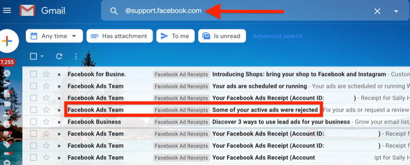 esimerkki @ support.facebook.com -palvelun gmail-suodattimesta kaikkien Facebook-mainosten sähköposti-ilmoitusten eristämiseksi