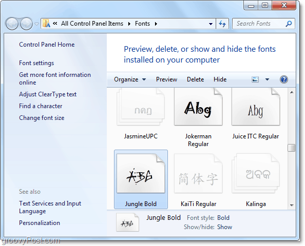 näkymä Windows 7-fonttien ohjauspaneeliin