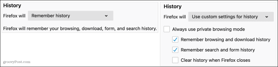 Historia-asetukset Firefoxissa