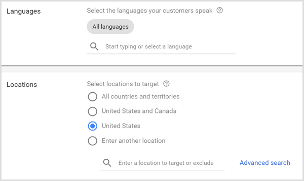 Google AdWords -kampanjan kieli- ja sijaintiasetukset.