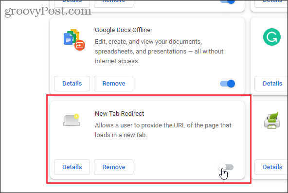 Poista Uuden välilehden uudelleenohjauslaajennus käytöstä Chromessa