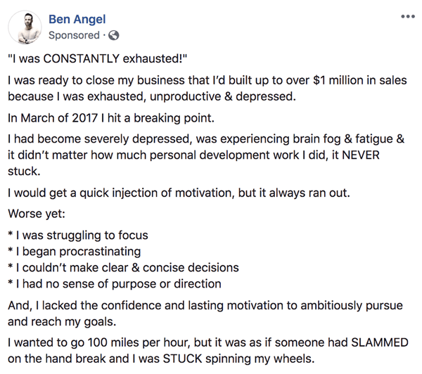 Kuinka kirjoittaa ja jäsentää pidemmän muotoisia tekstipohjaisia ​​Facebook-sponsoroituja viestejä, vaihe 1, esimerkki Ben Angelin taustakertomuksista