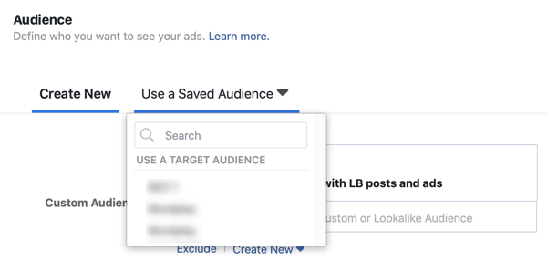 Mahdollisuus käyttää tallennettua yleisöä Facebook-liidimainoskampanjassa.