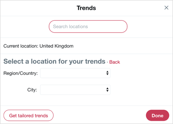 Valitse maa ja kaupunki, johon haluat keskittyä Twitter-trendeillä.