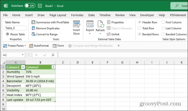 Excel-verkkokyselytulokset