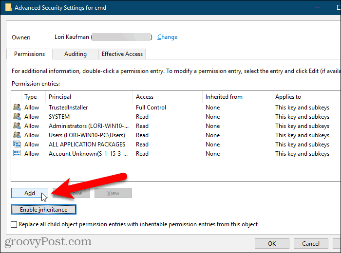 Napsauta Lisää Windowsin rekisterin Advanced Security Settings -valintaikkunassa