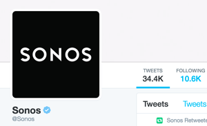 Sonos Twitter -tili on vahvistettu ja siinä näkyy sininen Twitter-vahvistettu merkki.
