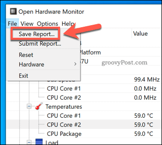 Open Hardware Monitor -raportin tallentaminen