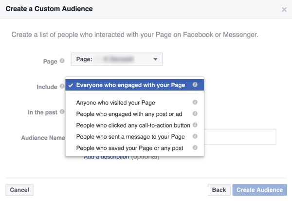 Luo mukautettu yleisö ihmisistä, jotka ovat olleet vuorovaikutuksessa yrityksesi kanssa Facebookissa.