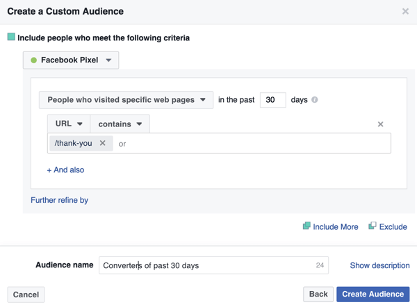Voit luoda Facebook-mukautetun yleisön aiemmista ostajista lisäämällä kiitos-sivusi URL-osoitteen.