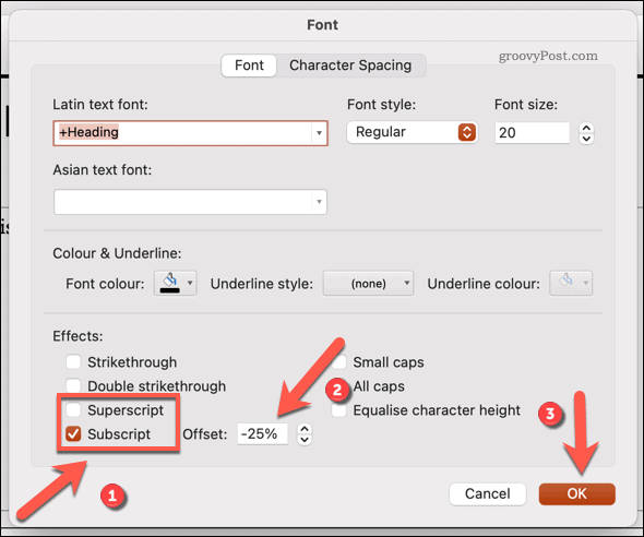 Fontin vaihtaminen ala- tai yläindeksiin Mac-tietokoneessa Powerpointissa