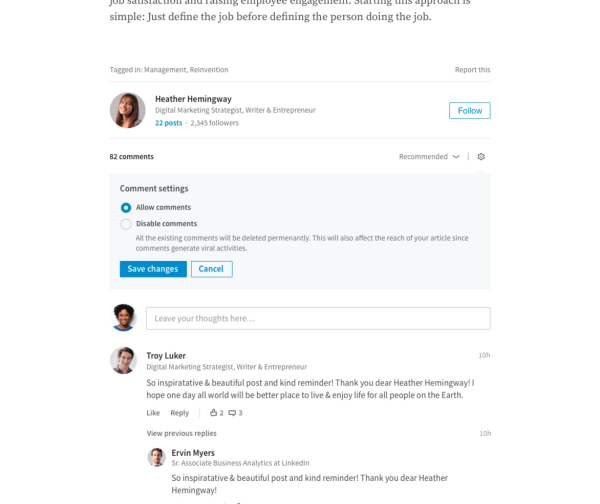LinkedIn otti käyttöön julkaisijoiden mahdollisuuden hallita suoraan pitkäaikaisartikkeleidensa kommentteja.