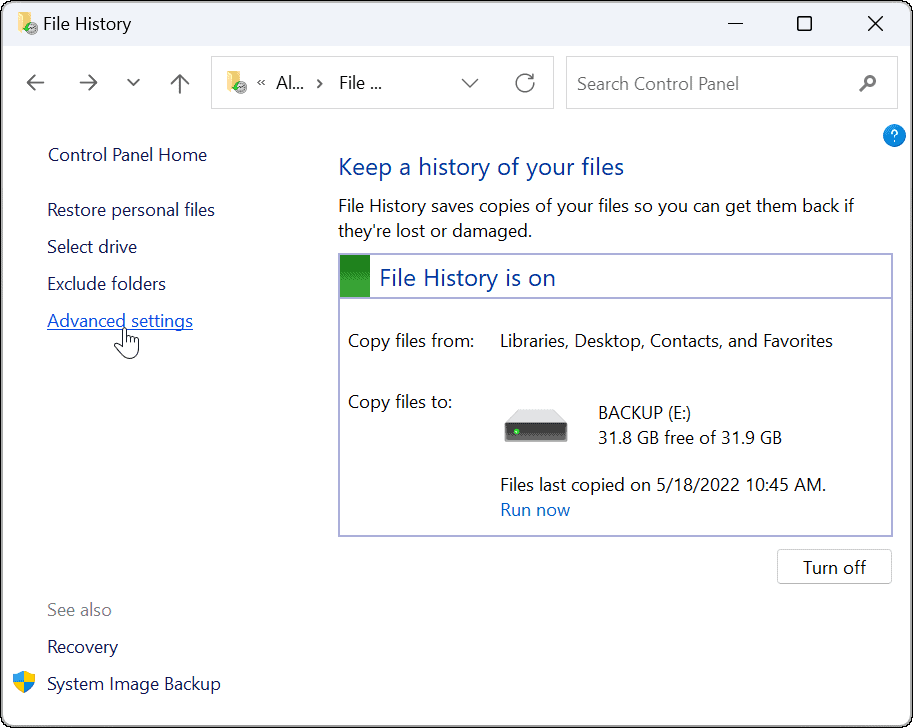 edistyneen käytön tiedostohistoria Windows 11:ssä