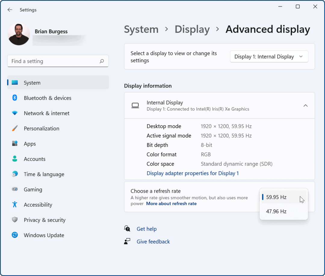 Päivitystaajuuden muuttaminen Windows 11:ssä