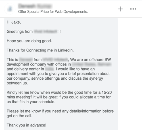 linkedin kylmä piki esimerkki