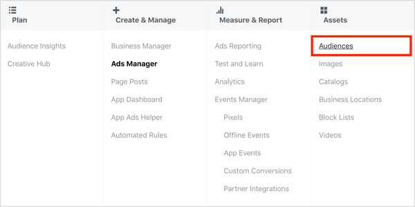 Avaa Yleisöjen hallintapaneeli Facebook Ads Managerissa.