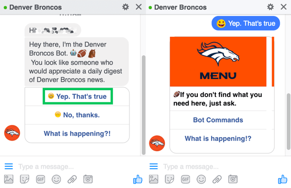 Denver Broncos-chatbot kehottaa käyttäjiä kirjautumaan päivittäiseen yhteenvetoonsa.