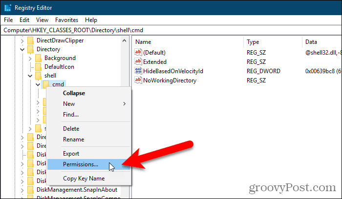 Avaa käyttöoikeudet -valintaikkuna avaimen löytämiseksi Windowsin rekisterissä