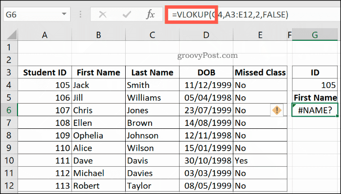 Väärin kirjoitettu VLOOKUP-kaava Excelissä, palauta NAME-virhe