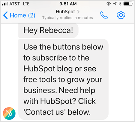 HubSpotin chatbot-tervetuloviestin avulla voit ottaa yhteyttä ihmiseen.