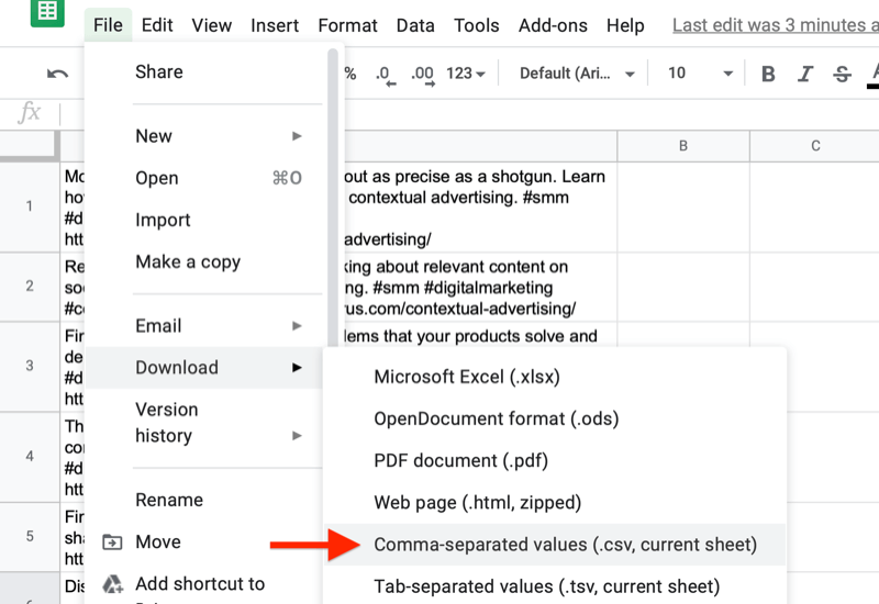 google sheet file -valikko, jossa korostetaan latausmahdollisuus, pilkulla erotetut arvot -vaihtoehdolla