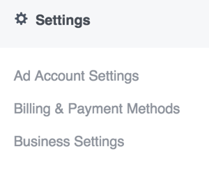 Voit päivittää asetuksesi Facebook Ads Managerissa avaamalla päävalikon ja valitsemalla vaihtoehdon Asetukset-osiossa.