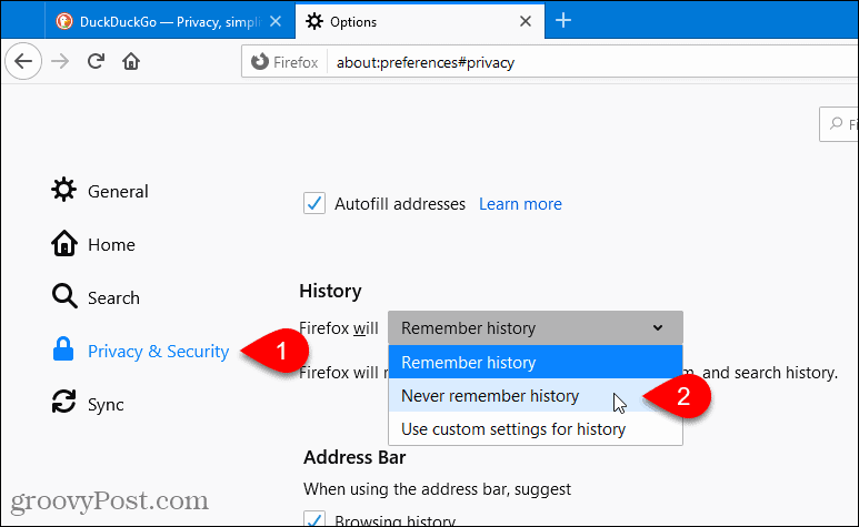 Valitse Älä koskaan muista historiaa Firefoxissa