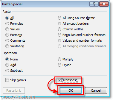 valitsemalla transpose in excel 2010 paste