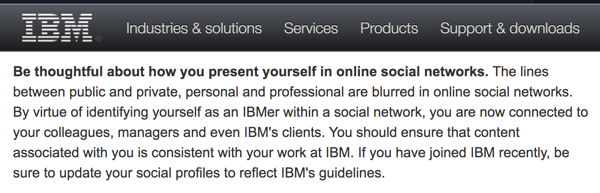 IBM: n sosiaalisen laskennan ohjeet muistuttavat työntekijöitä siitä, että he edustavat yritystä jopa henkilökohtaisilla tileillä.