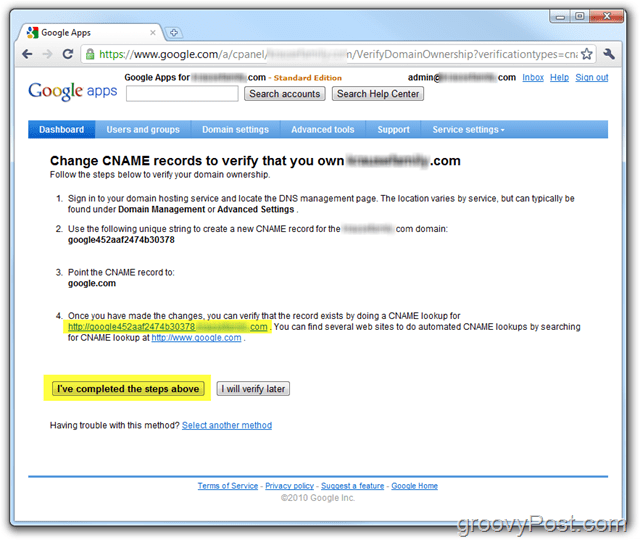 Google Appsin CNAME-tietue verkkotunnuksen vahvistamiseksi