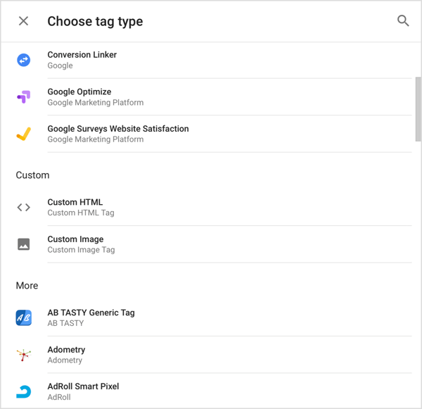 Valitse tunnistetyyppi, jonka haluat lisätä Google Tag Manageriin.
