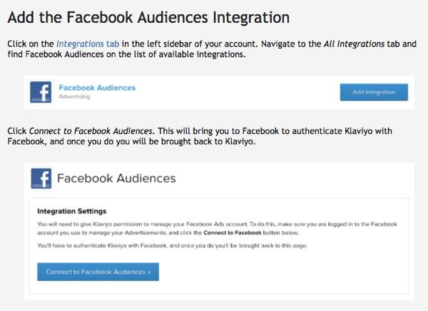 Klaviyon Facebook-yleisöjen integraatio on helppokäyttöinen.