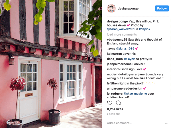 DesignSponge kannustaa Instagramin seuraajia julkaisemaan valokuvia, jotka perustuvat jatkuvasti muuttuvaan hashtagiin, joka määrittelee teeman.