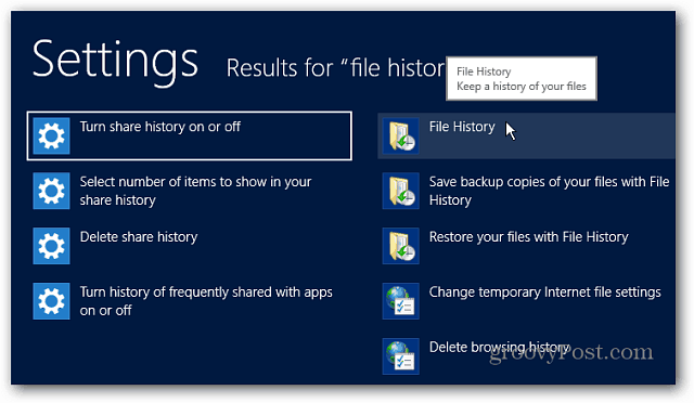 Tiedostohistoria-asetukset Haku Windows 8