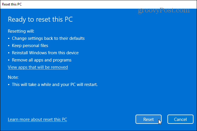 valmis nollaamaan Windows 11 PC