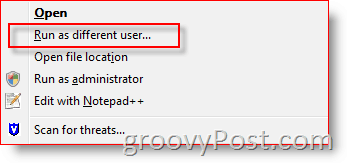 Lisää Suorita eri käyttäjänä Windowsin Resurssienhallinnan kontekstivalikkoon Vista ja Server 2008:: groovyPost.com
