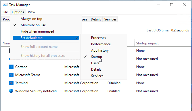 Muuta Task Managerin aloitussivua Windows 11:ssä