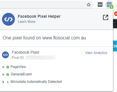 Käytä verkkosivun esimerkkinä Facebook-tapahtuman asetustyökalua, vaihe 12, Facebook Pixel Helper -laajennuksen tiedot