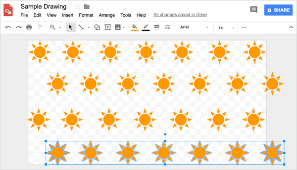 Ruudukon avulla voit sijoittaa rivit tasaisesti Google-piirustusten suunnitteluun.