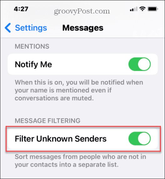 piilota tuntemattomien lähettäjien roskapostitekstit iPhonessa