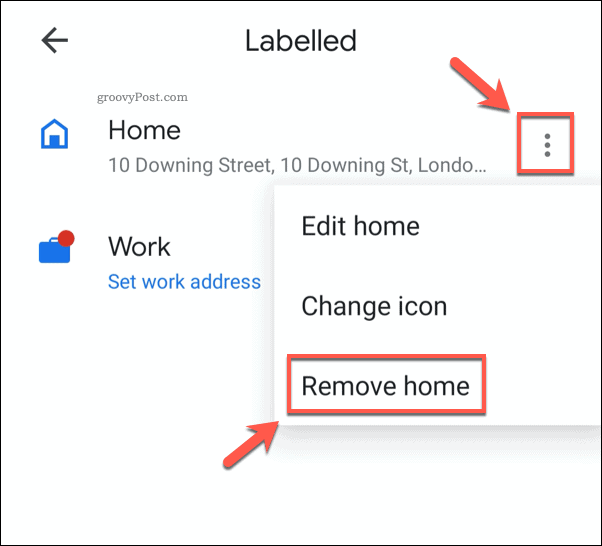 Tallennetun kotiosoitteen poistaminen Google Maps -mobiililaitteessa