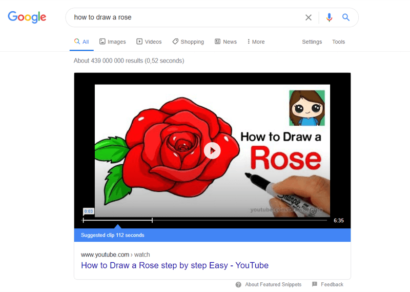 esimerkki parhaista youtube-videoista Googlen hakutuloksissa haulle 'miten piirtää ruusu'