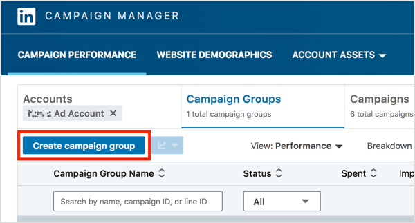 Napsauta LinkedIn Campaign Managerin Kampanjaryhmät-välilehden Luo kampanjaryhmä -painiketta.