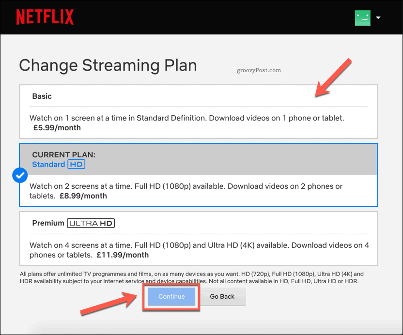 Netflix-tilaussuunnitelmien muuttaminen