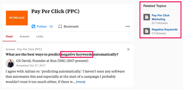Esimerkki Quoran hakutuloksista, mukaan lukien hakutermi 'PPC' ja ilmaus 'negatiiviset avainsanat'.