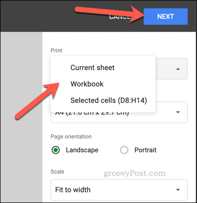 Valitse tulostusalue Google Sheetsissa