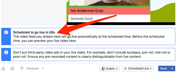 Facebook näyttää lähtölaskennan ennen suoran lähetyksen alkamista.