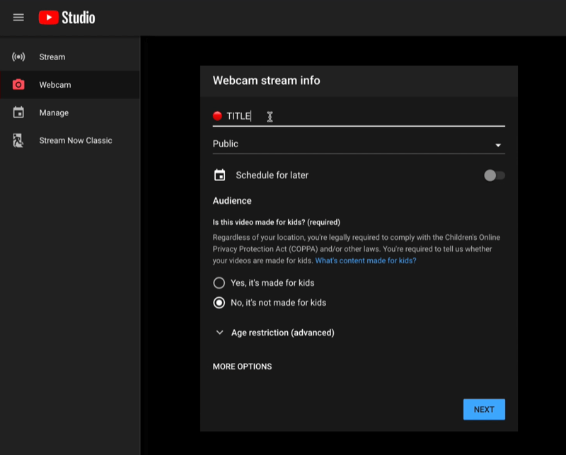 youtube studio go live menu live-streaming dashboard with webcam stream details details to be setable