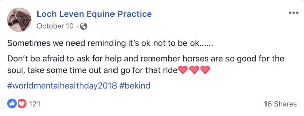 Esimerkki Lock Leven Equine Practice -sovelluksen emoji-viestistä Facebookissa