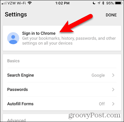 Napauta Kirjaudu sisään Chromeen iOS: lla